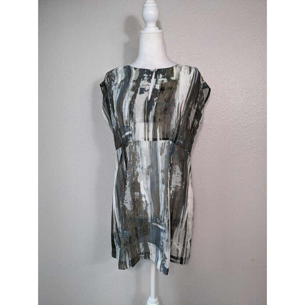 CABI Painted Sheer Tunic Short Sleeve Blouse Blue Gray Brown Sz M Women's N30